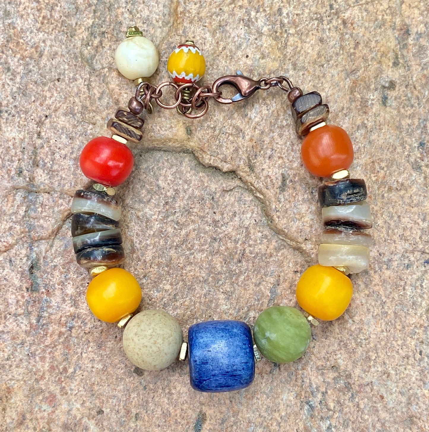 Boho Beaded Bracelet — Natural Shell, Colorful Agate, Kenyan Resin & Blue Bone Beads
