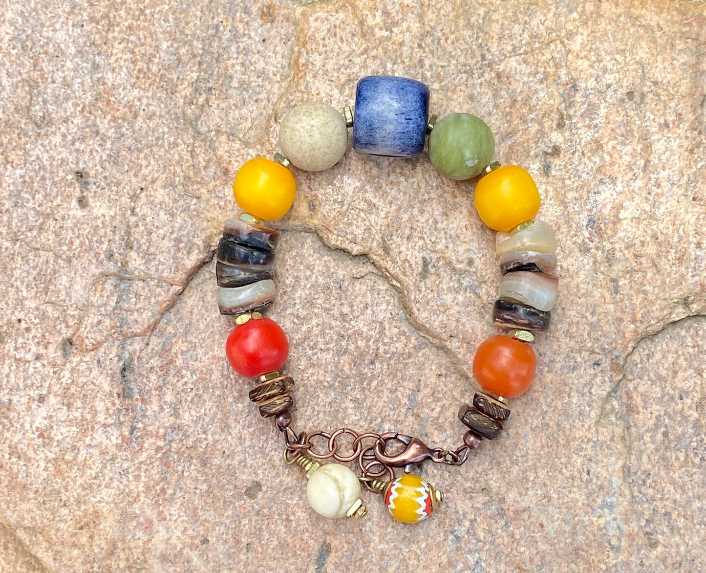 Boho Beaded Bracelet — Natural Shell, Colorful Agate, Kenyan Resin & Blue Bone Beads
