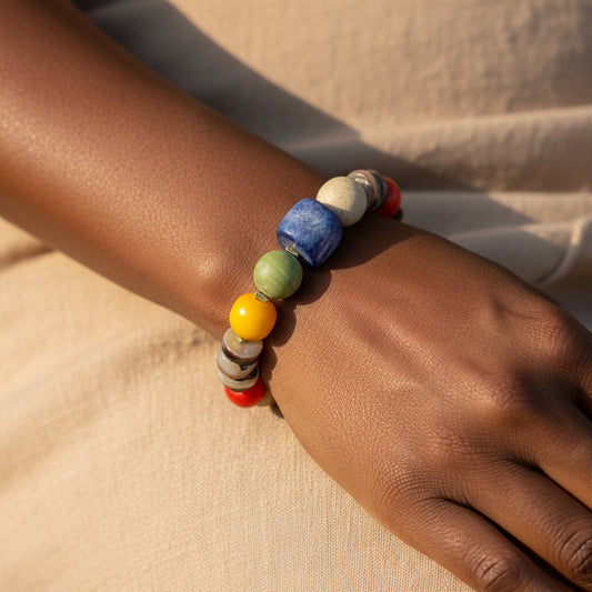 Boho Beaded Bracelet — Natural Shell, Colorful Agate, Kenyan Resin & Blue Bone Beads