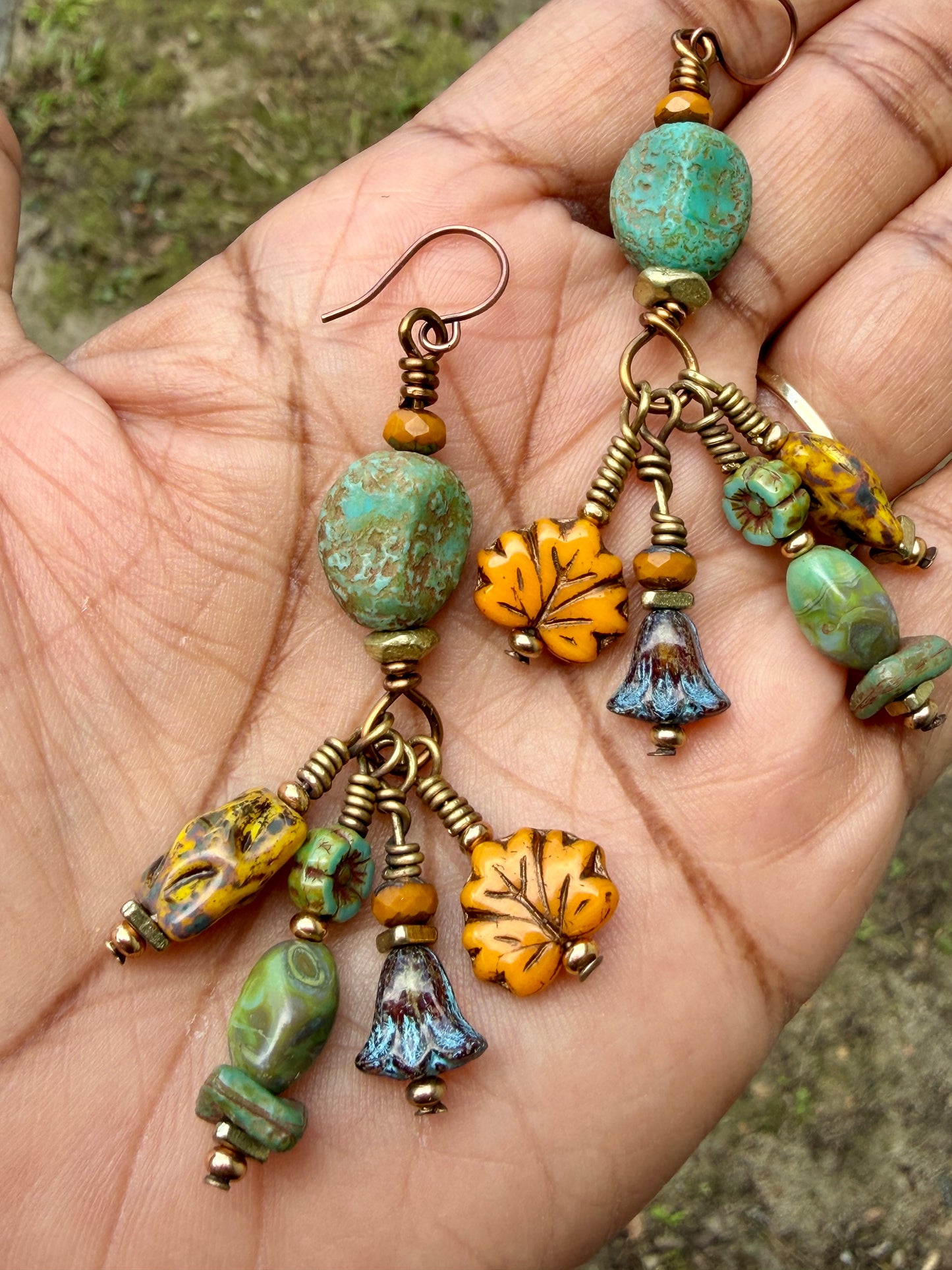 Golden Maple Leaf Earrings • Turquoise Autumn Dangles