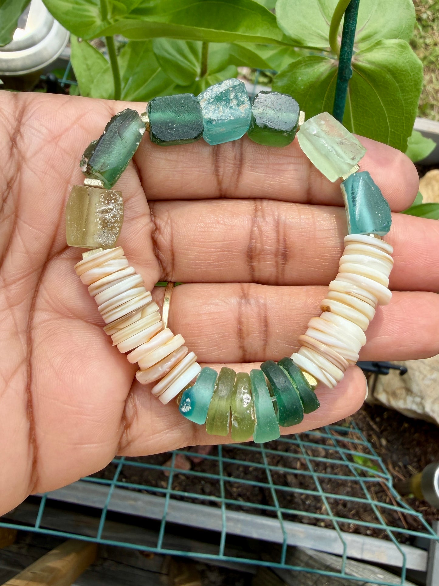 Roman Glass Bracelet • Natural Shell, Gold Triangle Accents, Coastal Jewelry