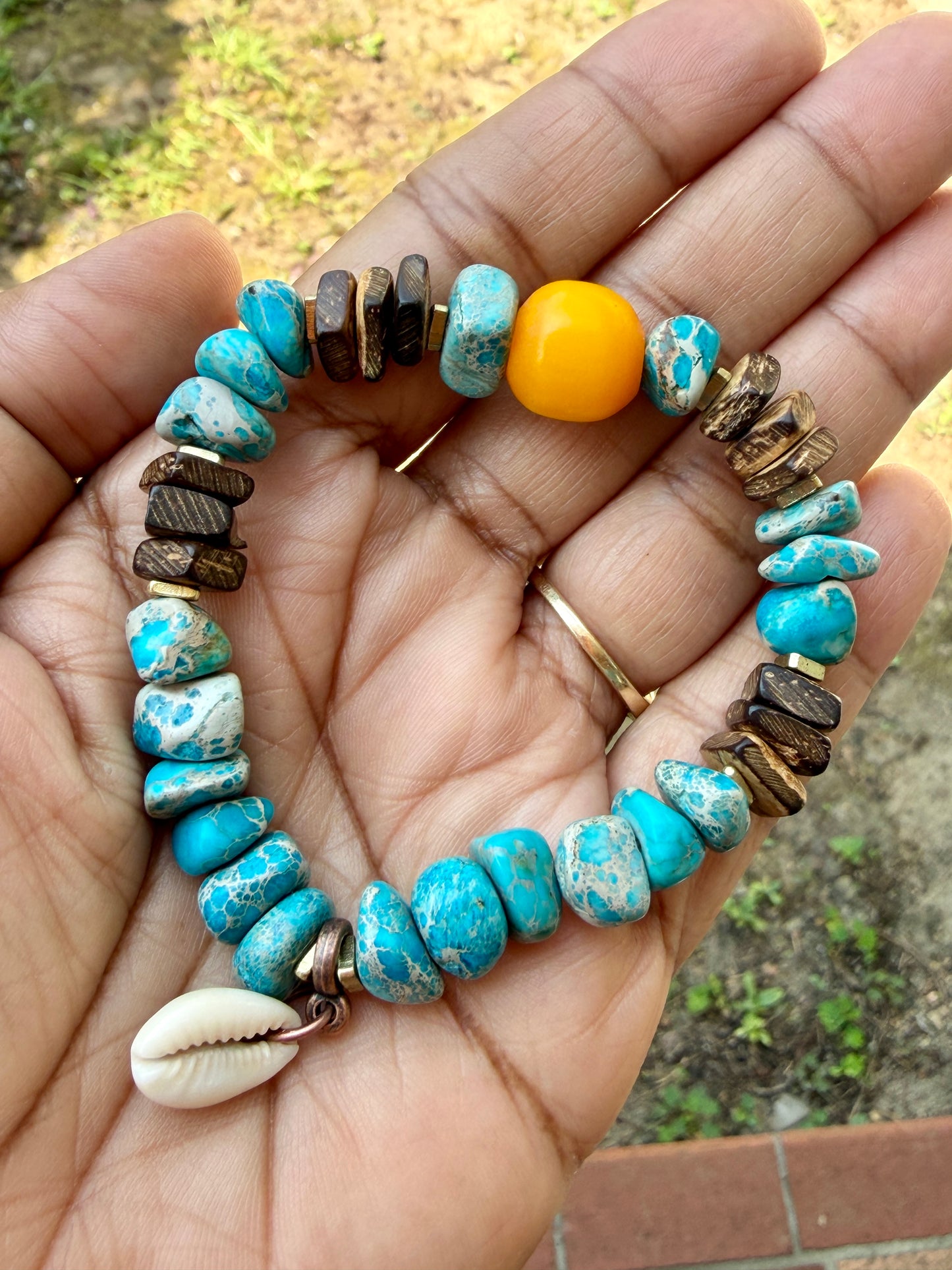 Yellow Kenya Amber Resin Focal– Aqua Sediment Jasper– Coastal Boho Stretch Jewelry