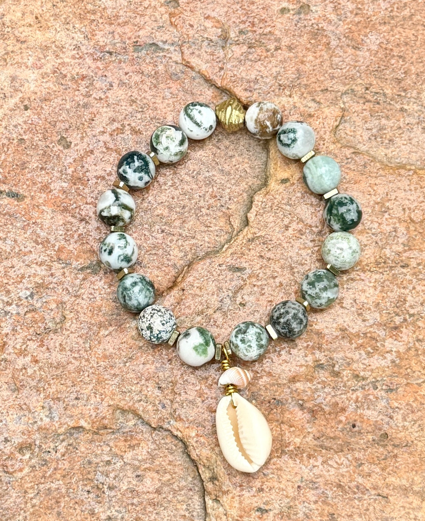 Boho Artisan Jewelry Moss Agate Gemstone Bracelet with Shell Pendant