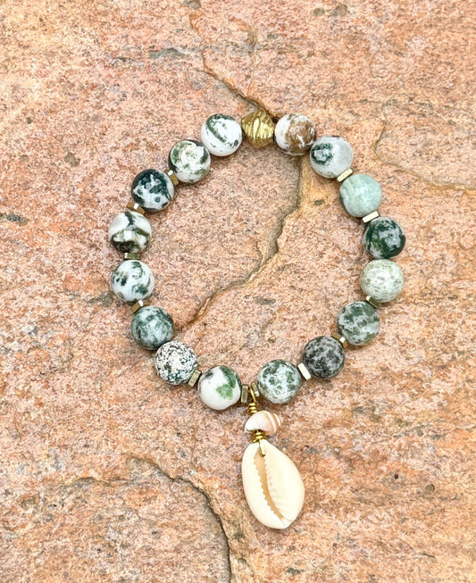 Boho Artisan Jewelry Moss Agate Gemstone Bracelet with Shell Pendant