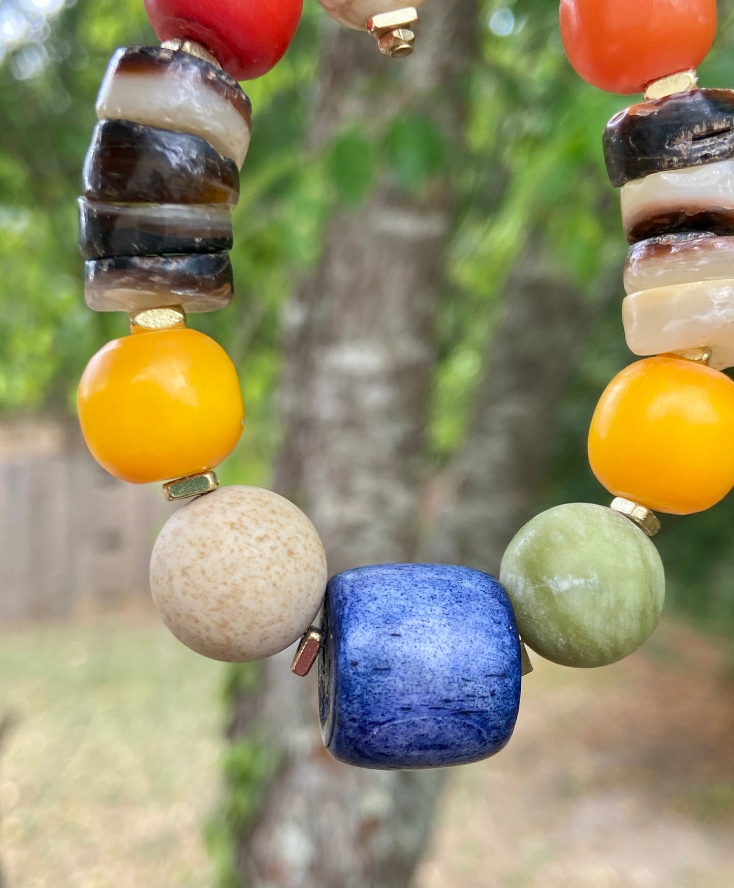 Boho Beaded Bracelet — Natural Shell, Colorful Agate, Kenyan Resin & Blue Bone Beads