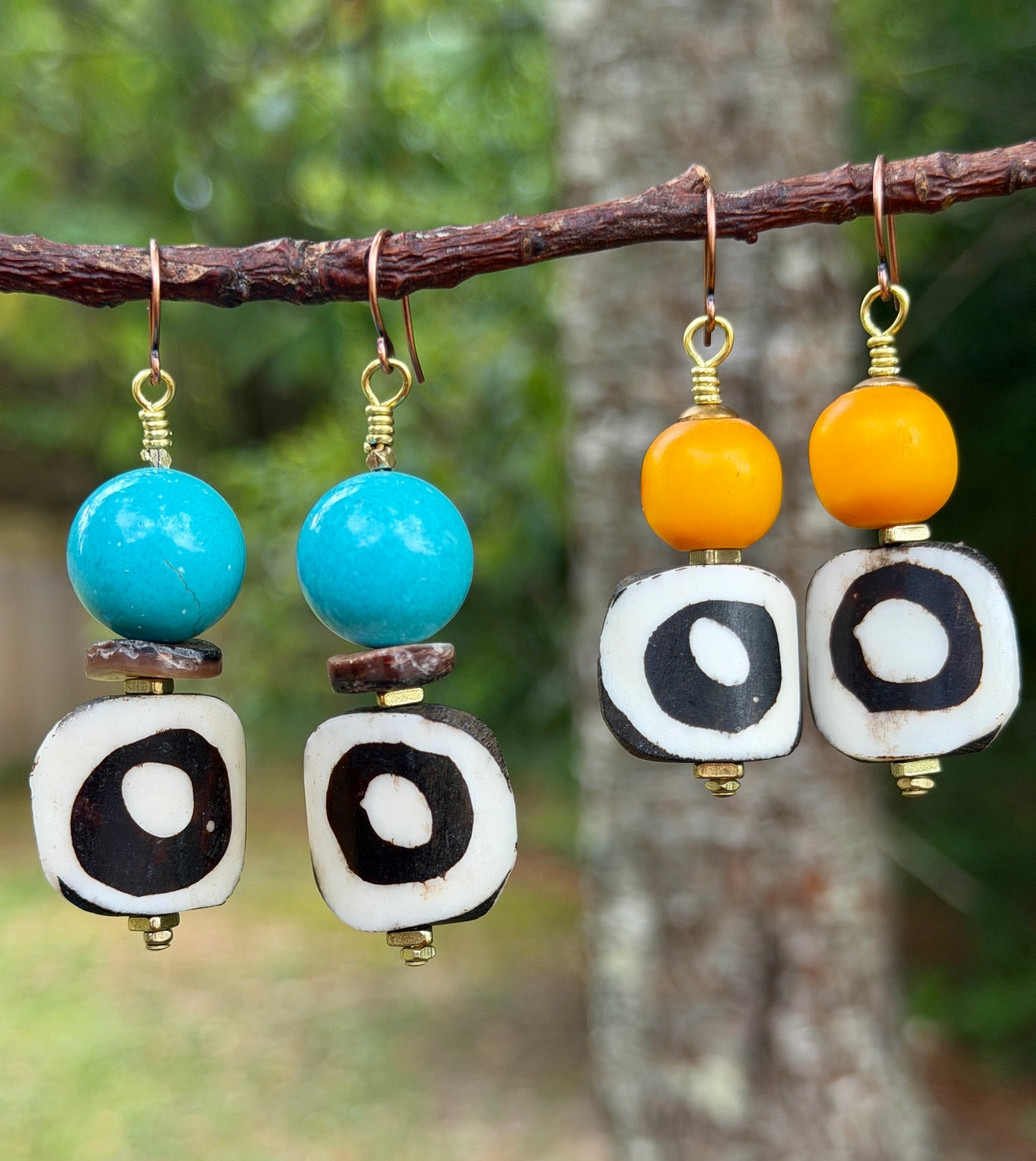Batik Bone & Turquoise Magnesite Earrings with Mottled Brown Natural Heishi Shell Beads• Beachy Summer Boho Jewelry