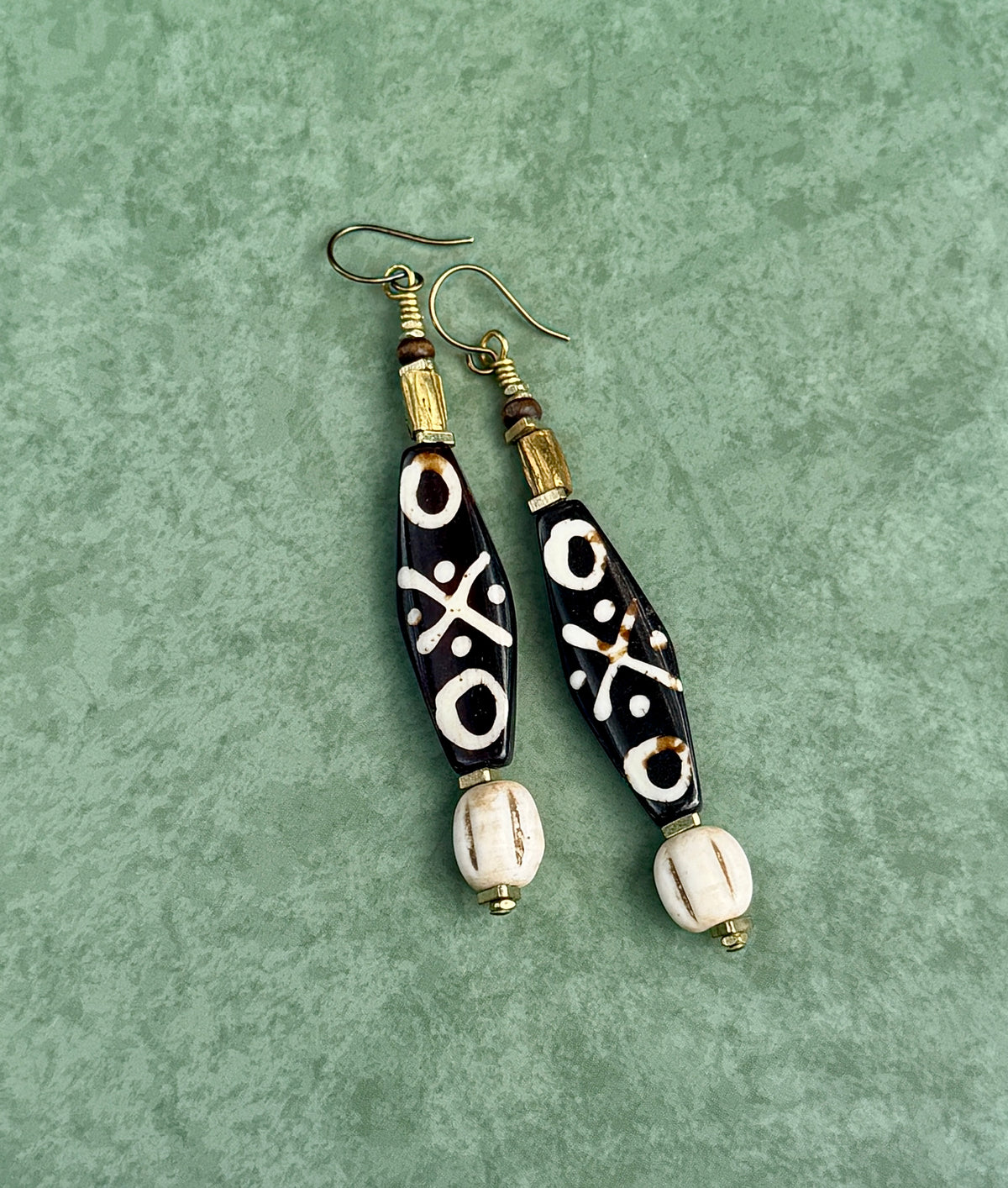 Bold Batik Bone Earrings • Tribal Inspired Mudbone Beads • Rustic Boho Dangles • Earthy Statement Earrings