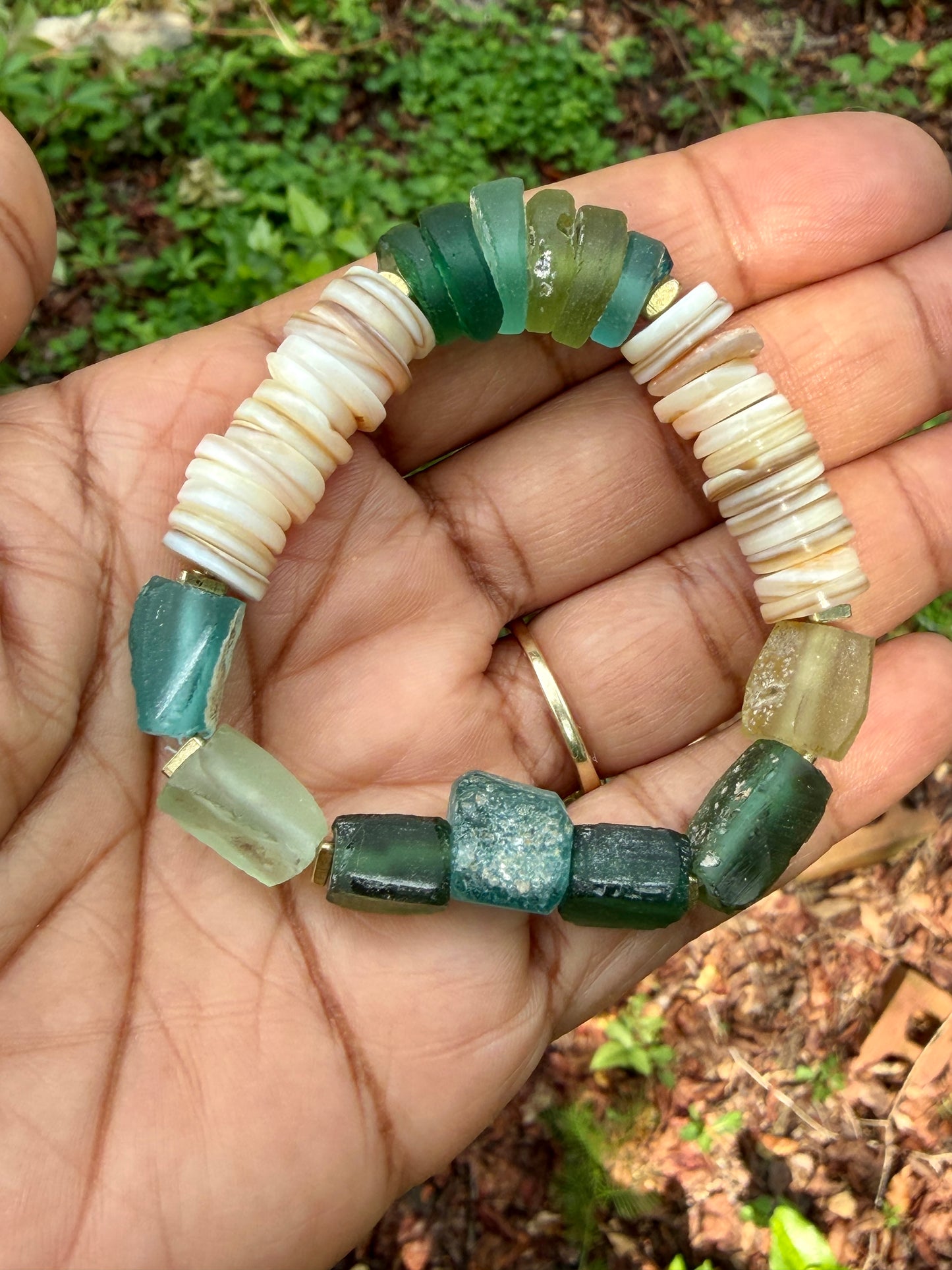 Roman Glass Bracelet • Natural Shell, Gold Triangle Accents, Coastal Jewelry