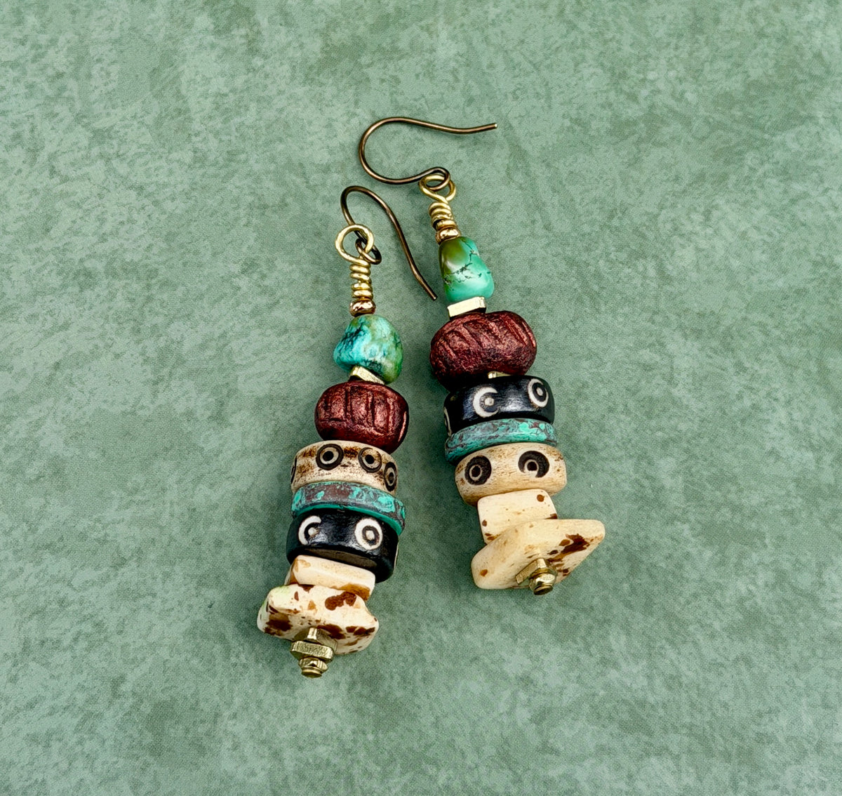 Mixed Media Earrings • Carved Bone, Turquoise Nuggets, Stoneware Clay • Square Bone Beads • Autumn Inspired Nature Lover Jewelry