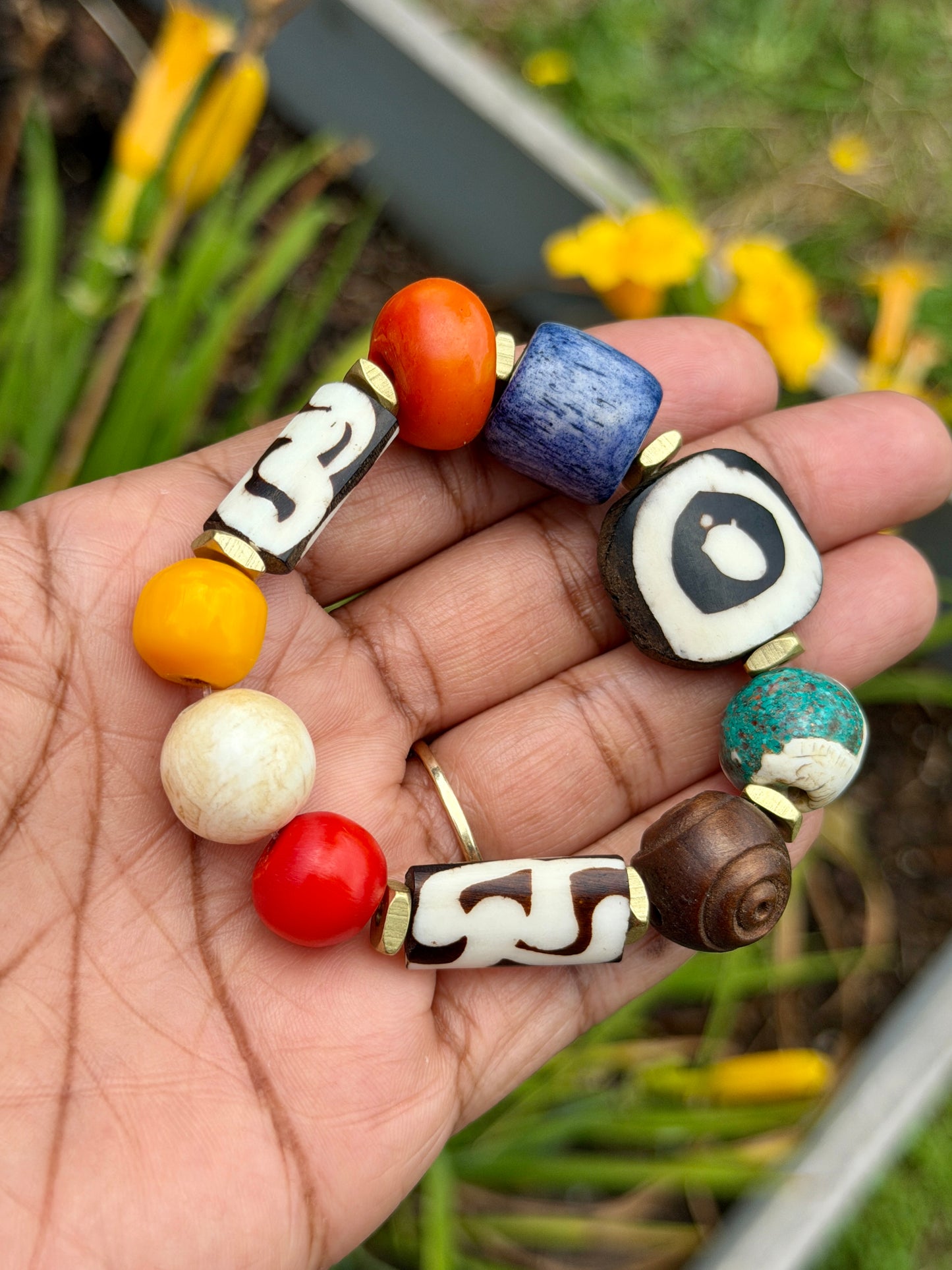 Boho Mix Media Bracelet — Colorful Agate, Kenyan Resin & Blue Bone Beads