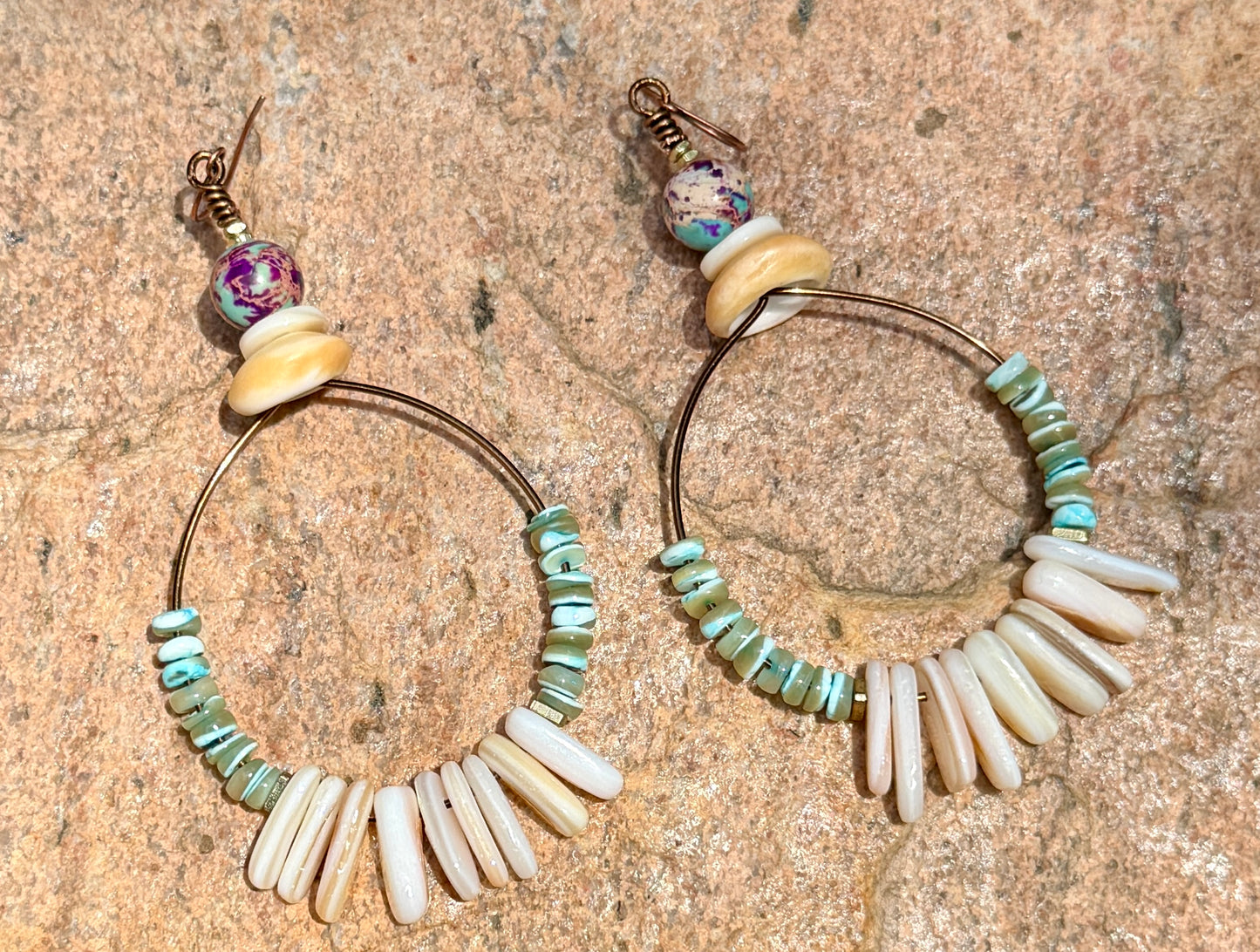 Sea Green Turbo Shell & Honey Shell Hoop Earrings • Natural Mussel Shell • Irregular Heishi • Sediment Jasper • Coastal Fall Vibes