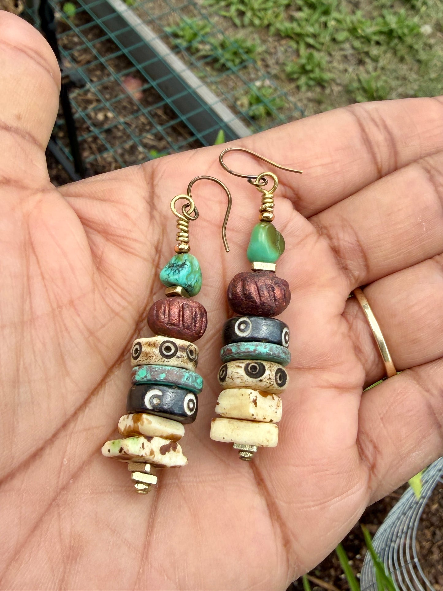 Mixed Media Earrings • Carved Bone, Turquoise Nuggets, Stoneware Clay • Square Bone Beads • Autumn Inspired Nature Lover Jewelry