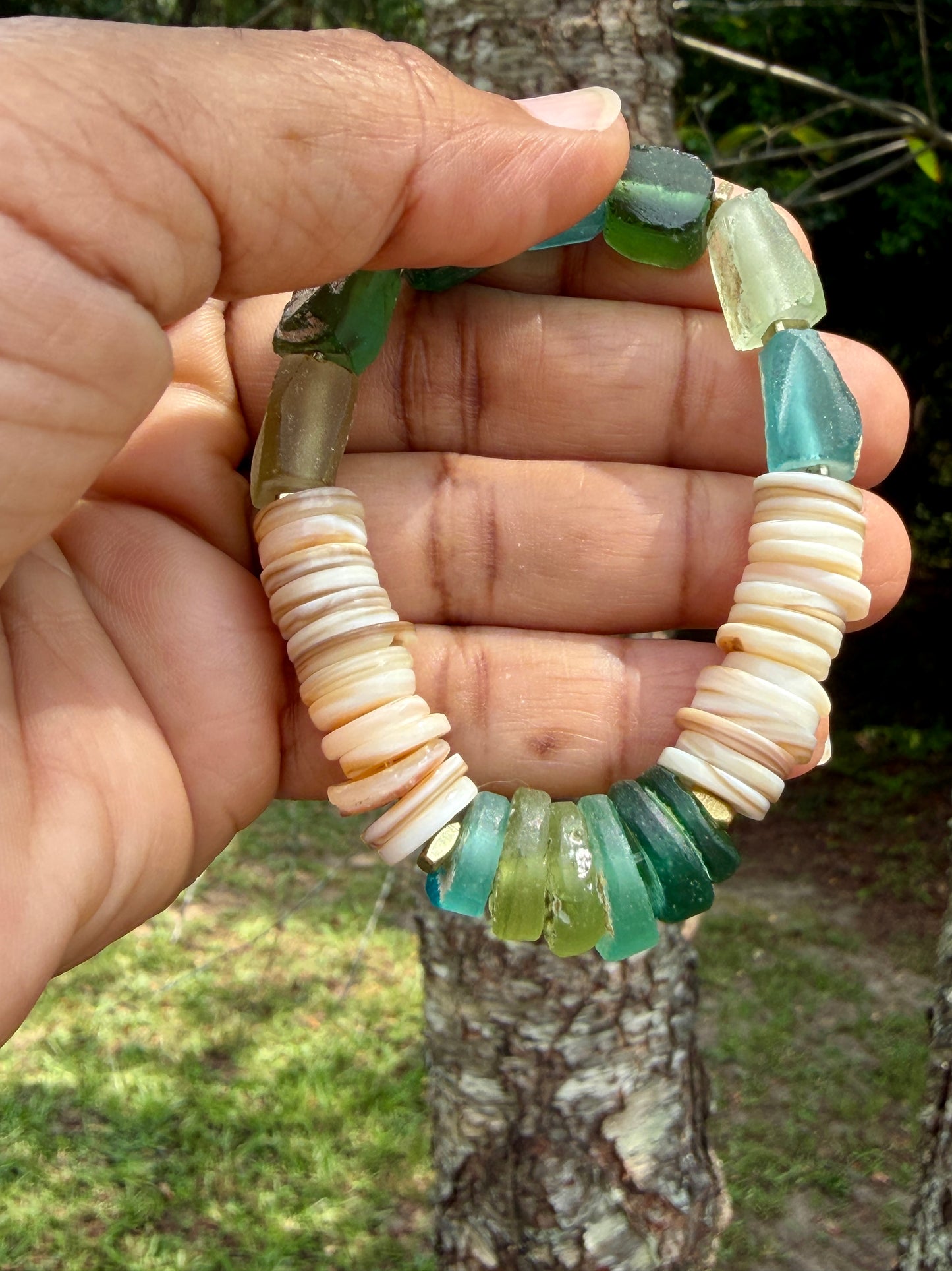Roman Glass Bracelet • Natural Shell, Gold Triangle Accents, Coastal Jewelry