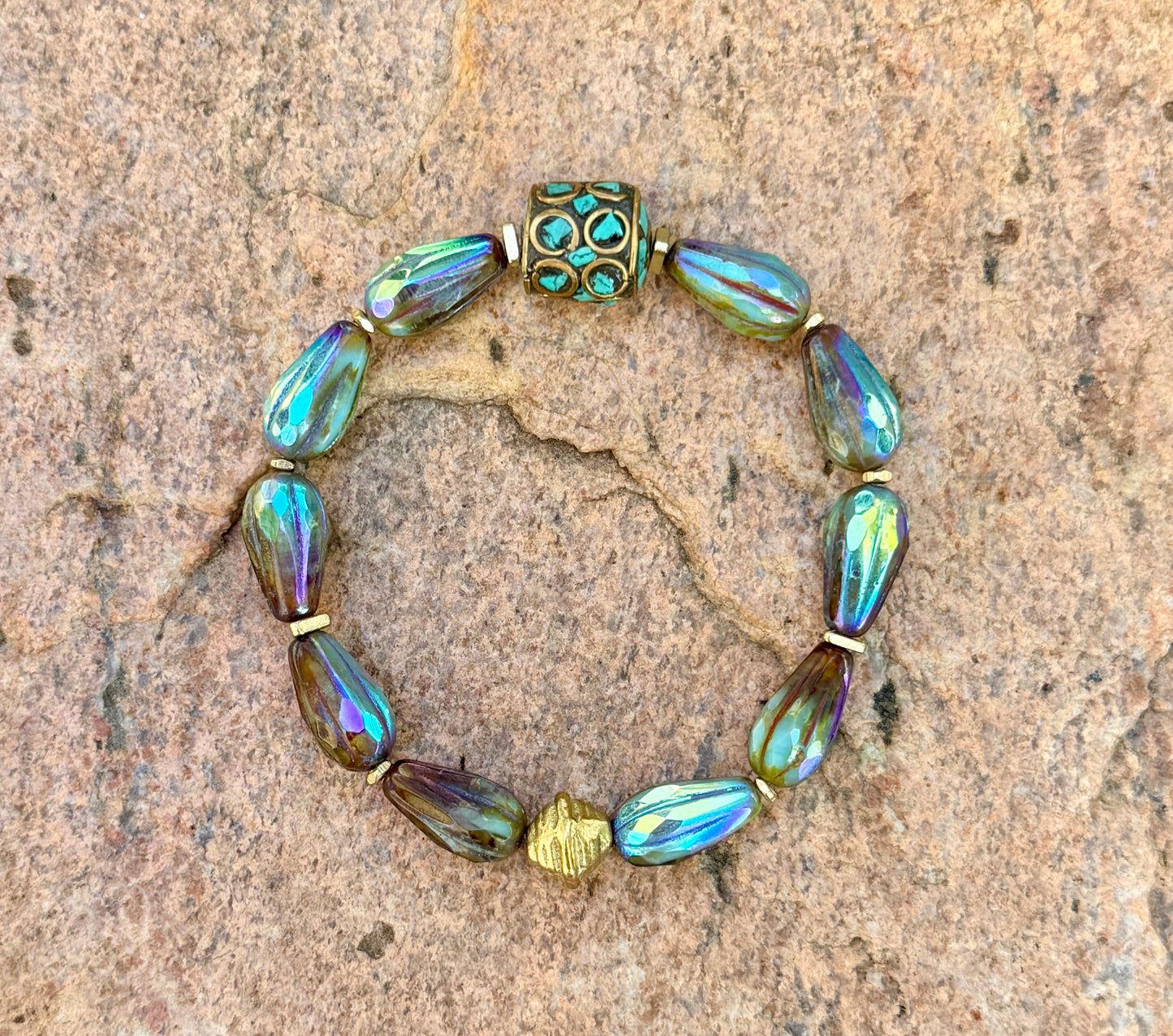 Mystic Marsh Drops • Inlaid Nepali Cylindrical Brass Bead Focal • Autumn Inspired Artisan Bracelet