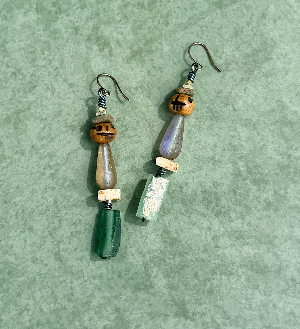 Earthy Skull Dangle Earrings • Roman Glass & Turquoise Mix • Autumn & Halloween Vibes