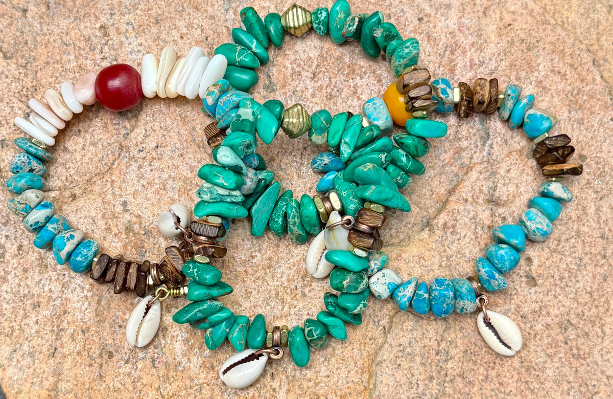 Natural Mussel Shell Bracelet – Aqua Sediment Jasper– Coastal Boho Stretch Jewelry