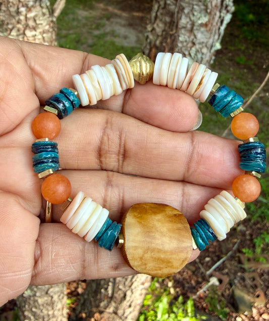 Coastal Papaya Aventurine & Shell Heishi Bracelet • Beachy Summer Jewelry