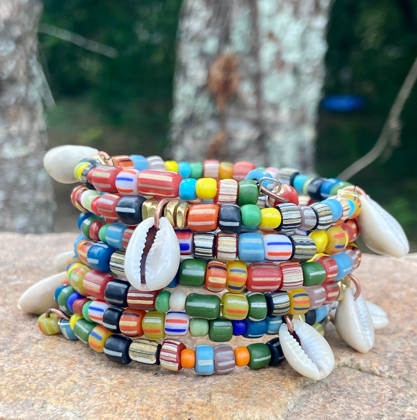 Rainbow Medley Stripe Java Gooseberry Bead Memory Wire Bangle