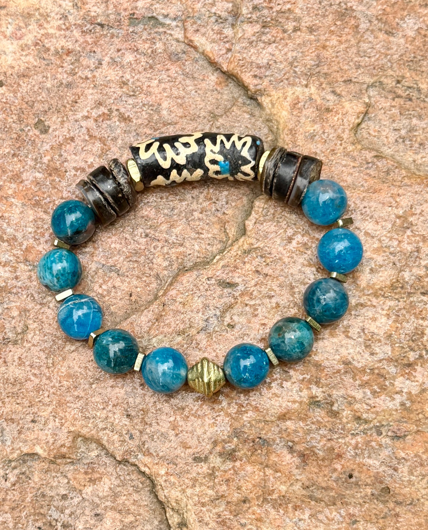 Apatite Gemstone and Painted Krobo Bracelet
