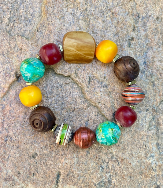 Bohemian Vibes: Mixed Media Paper Beads, Olive Wood, Bone and Colorful Kenyan Amber Resin Beads