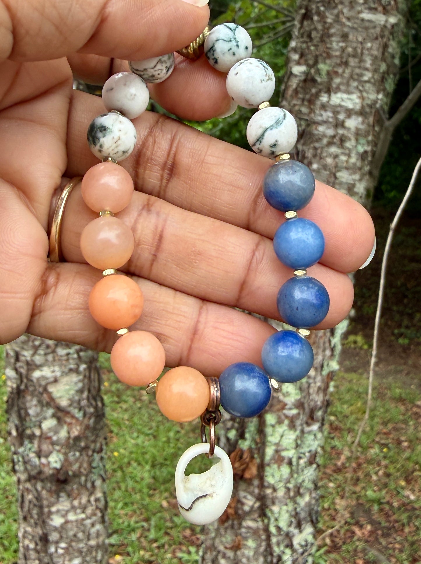 Beach Vibes Bracelet: Natural Shell and Pink and Blue Aventurine, Tree Agate Gemstones