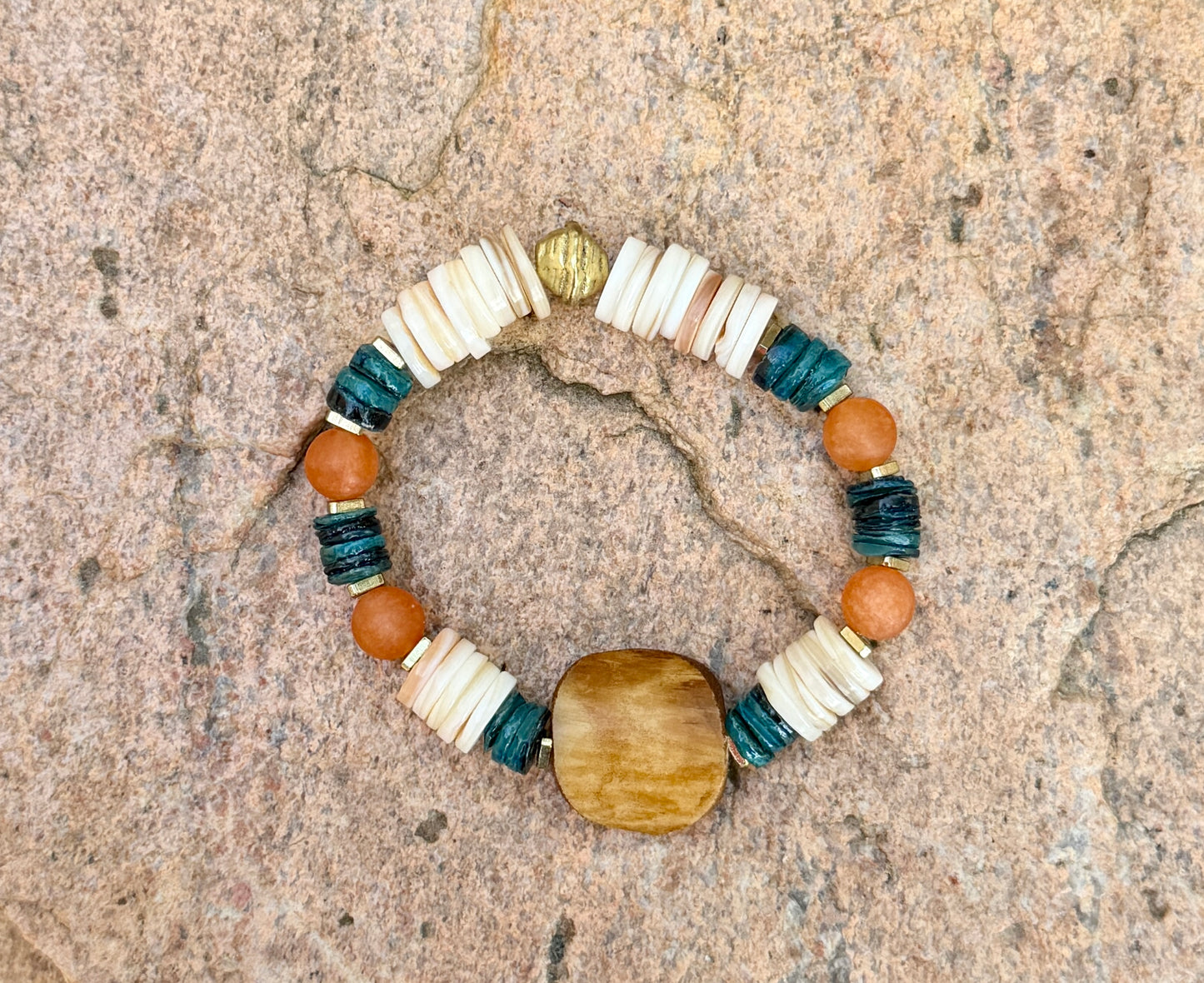 Coastal Papaya Aventurine & Shell Heishi Bracelet • Beachy Summer Jewelry