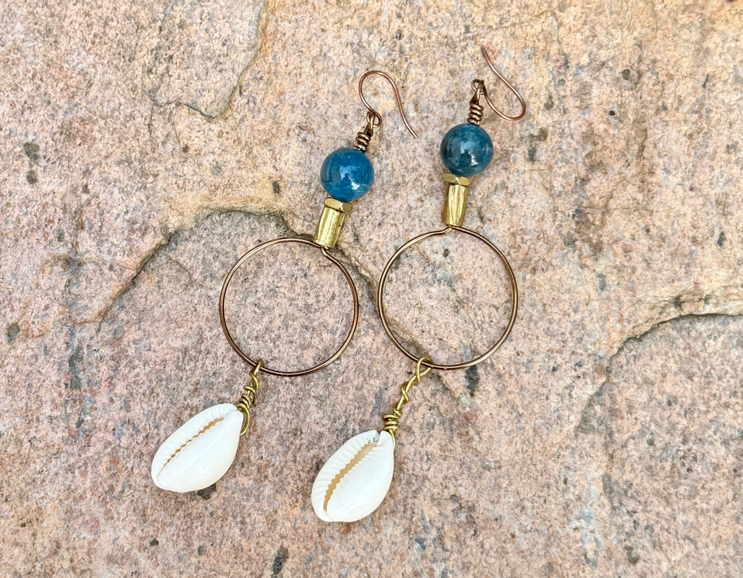Bold Apatite Hoop Earrings • Cowrie Shell Charms • Fun Unique Beach Jewelry