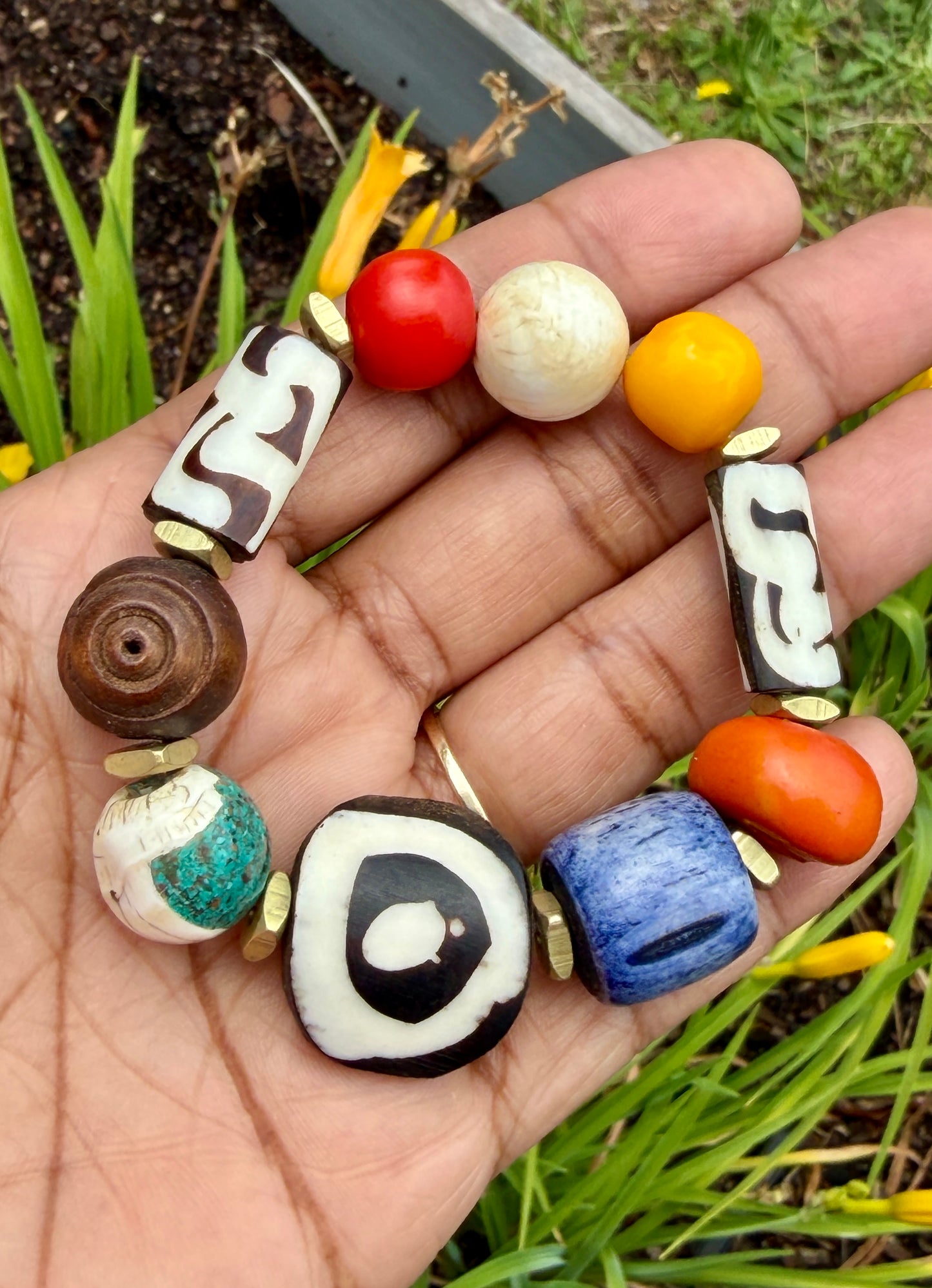 Boho Mix Media Bracelet — Colorful Agate, Kenyan Resin & Blue Bone Beads