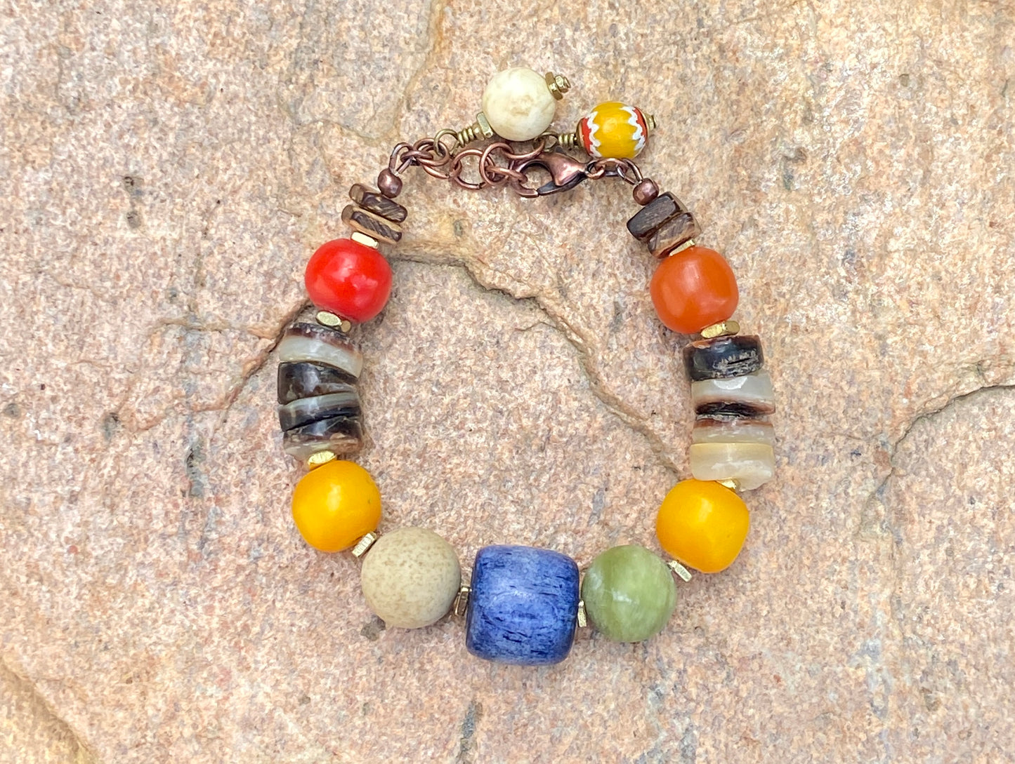 Boho Beaded Bracelet — Natural Shell, Colorful Agate, Kenyan Resin & Blue Bone Beads