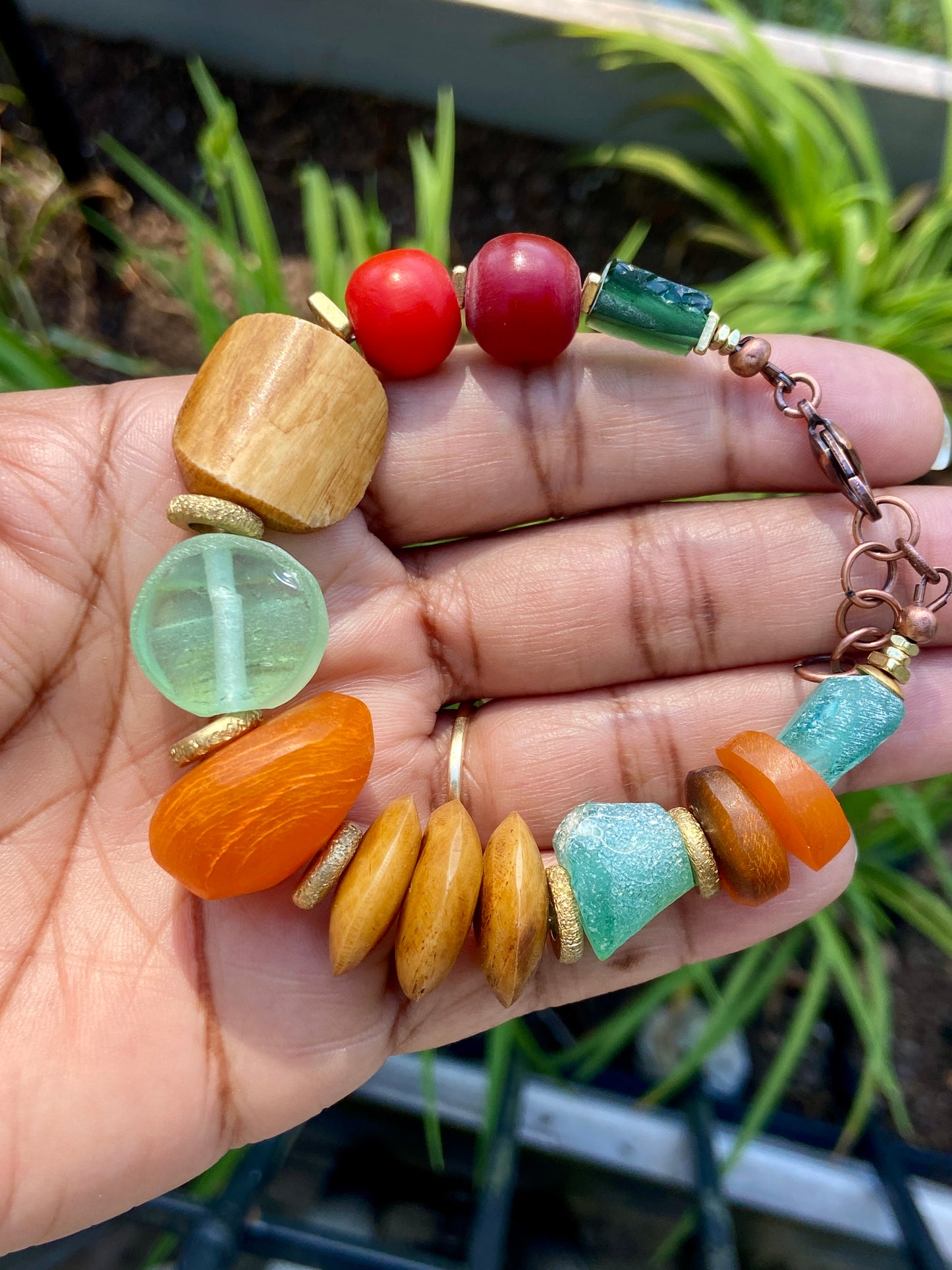 Boho Tribal Bracelet – Moroccan Horn, Roman Glass & Colorful Resin Beads
