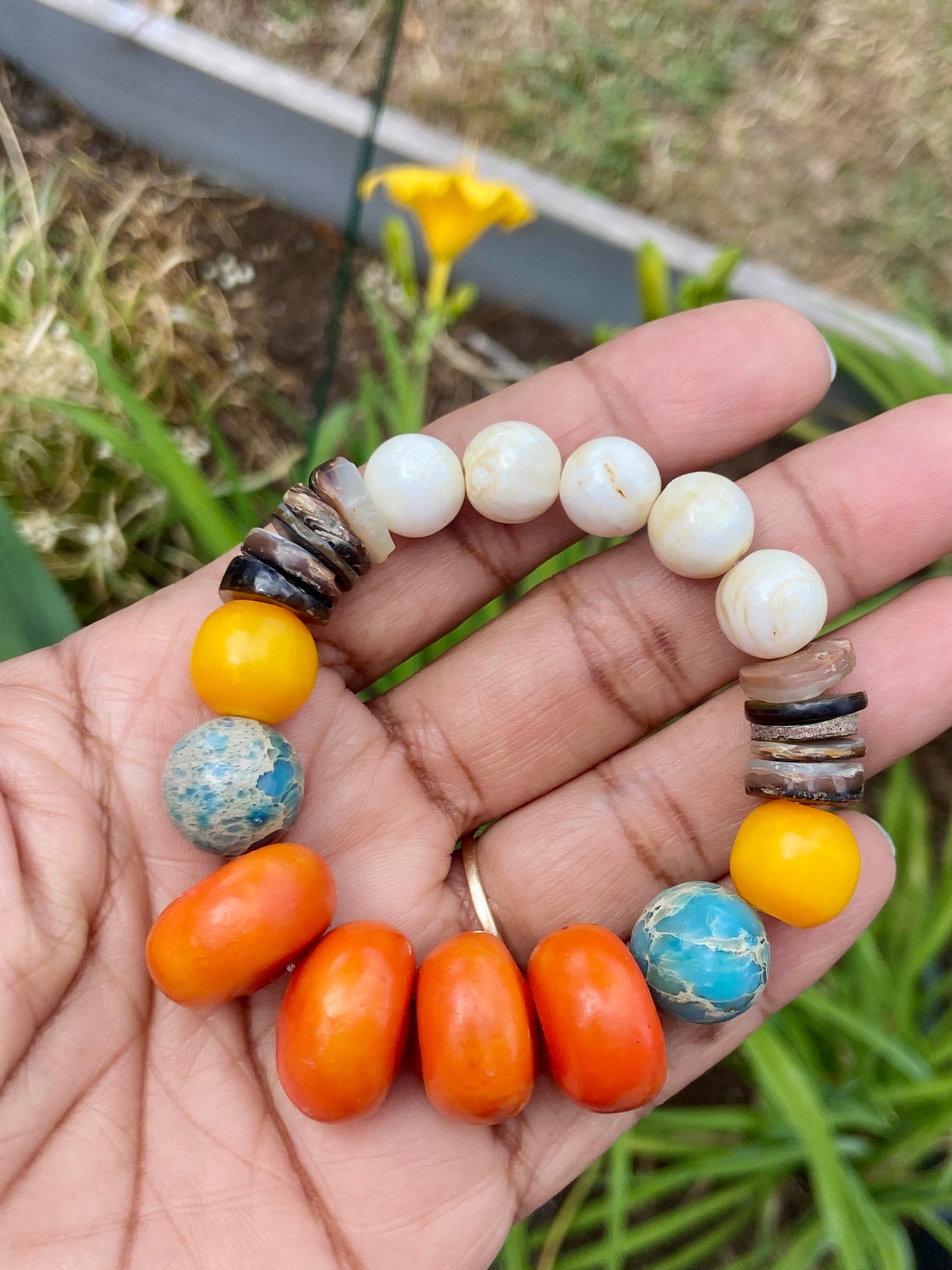 Boho Tribal Bracelet • Moroccan Mango Resin • Naga Shell • Kenyan Amber • Turquoise Impression Jasper