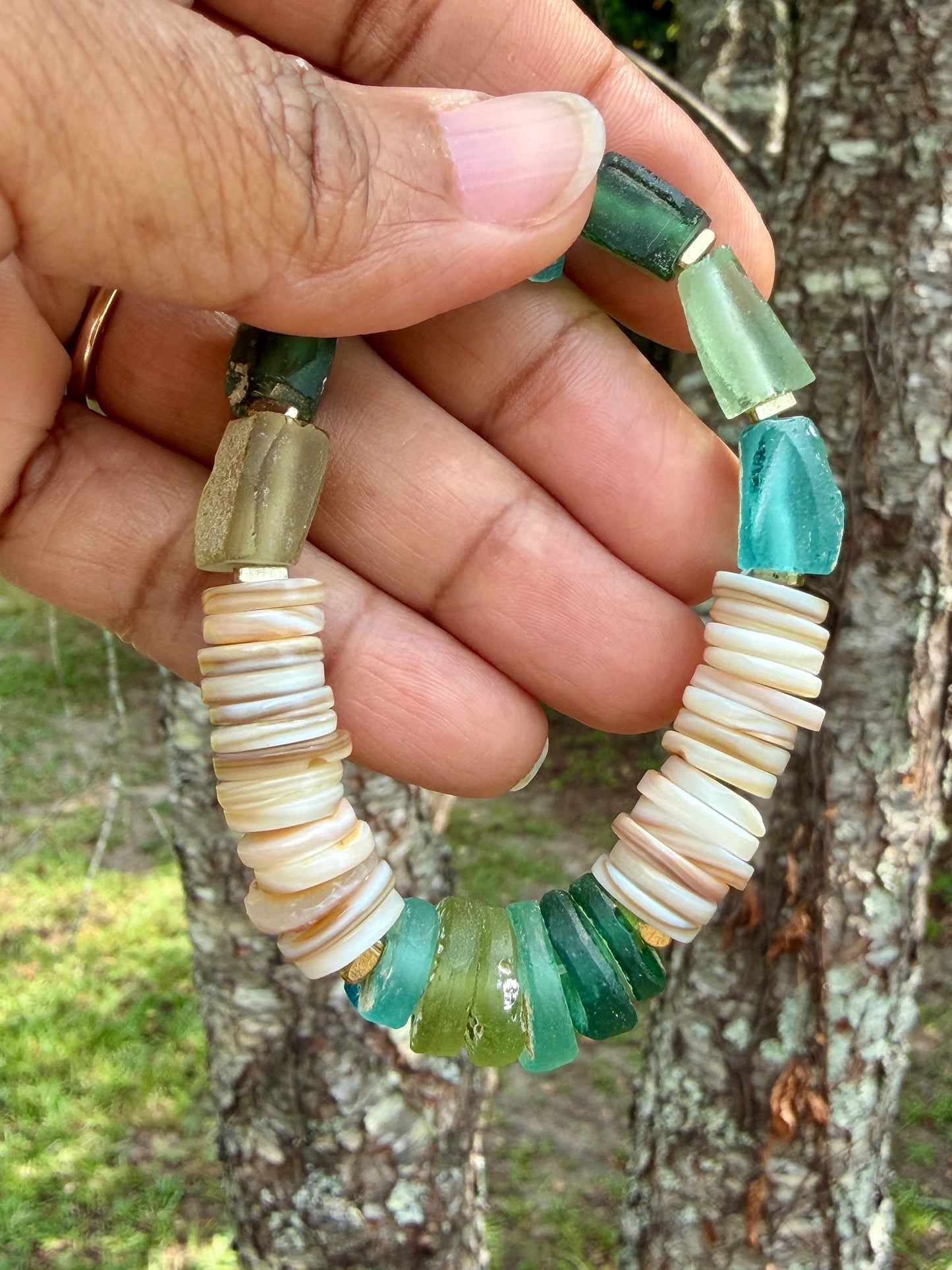Roman Glass Bracelet • Natural Shell, Gold Triangle Accents, Coastal Jewelry