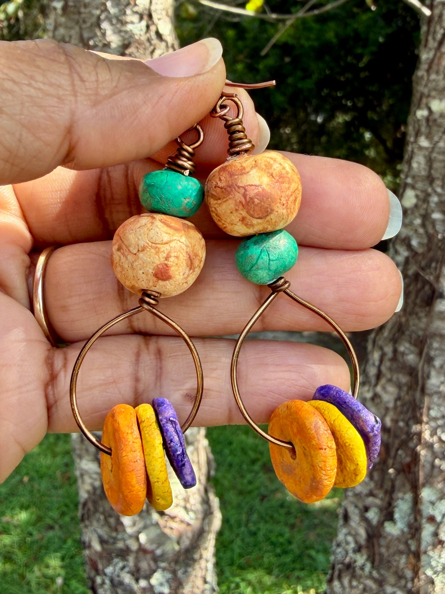 Earthy Rustic Boho Hoop Earrings • Colorful Stoneware Clay Beads • Lightweight Dangle Hoops • Autumn Vibes