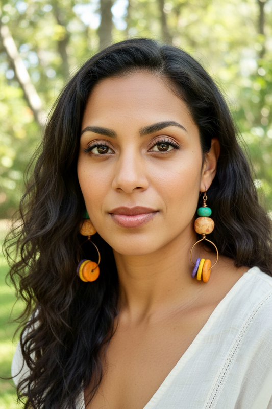 Earthy Rustic Boho Hoop Earrings • Colorful Stoneware Clay Beads • Lightweight Dangle Hoops • Autumn Vibes