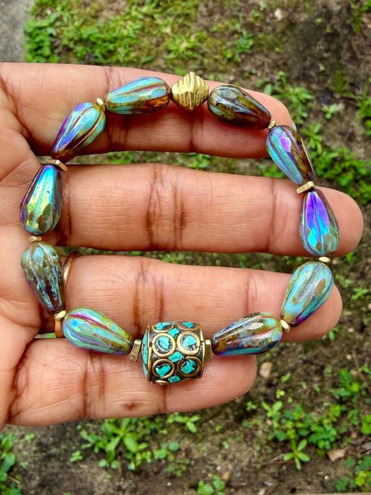 Mystic Marsh Drops • Inlaid Nepali Cylindrical Brass Bead Focal • Autumn Inspired Artisan Bracelet