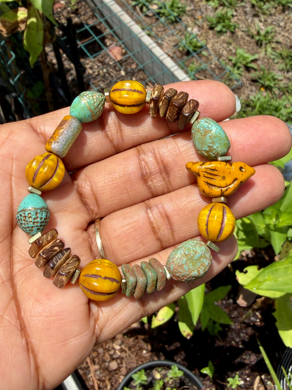 Turquoise Ancient Stone Bracelet • Mystic Chirp Focal • Rustic Coconut Wood • Nature Inspired Artisan Jewelry