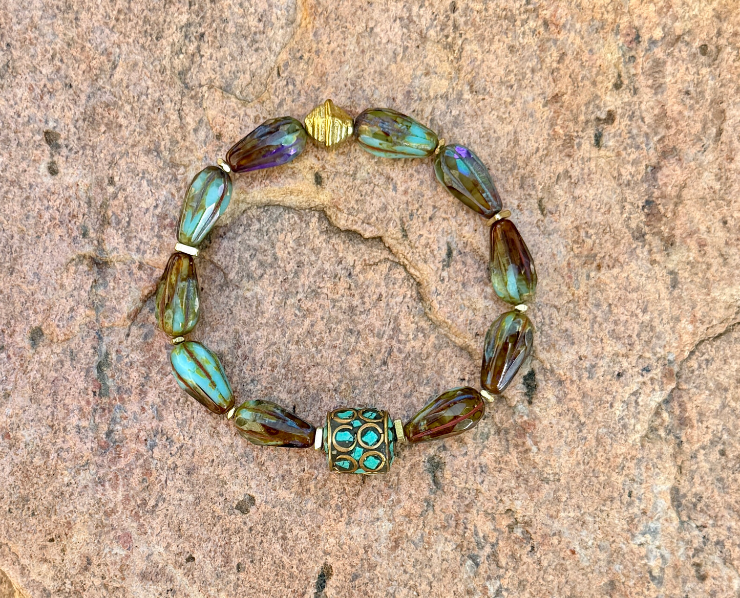 Mystic Marsh Drops • Inlaid Nepali Cylindrical Brass Bead Focal • Autumn Inspired Artisan Bracelet