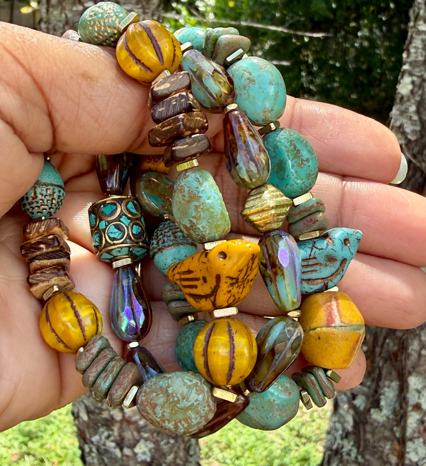 Turquoise Ancient Stone Bracelet • Mystic Chirp Focal • Rustic Coconut Wood • Nature Inspired Artisan Jewelry