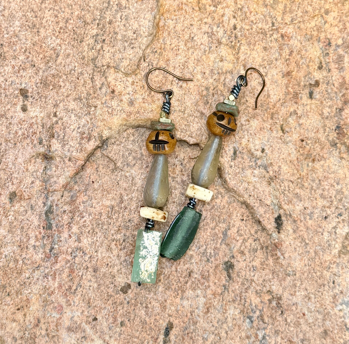 Earthy Skull Dangle Earrings • Roman Glass & Turquoise Mix • Autumn & Halloween Vibes