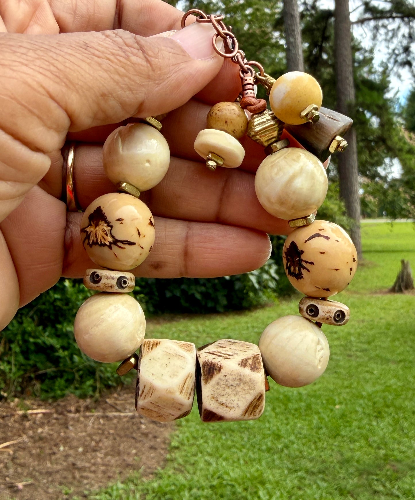 Tagua Seed Bead Bracelet: Naga Conch Shell, Bone & Brass