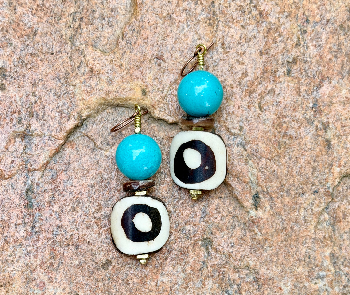 Batik Bone & Turquoise Magnesite Earrings with Mottled Brown Natural Heishi Shell Beads• Beachy Summer Boho Jewelry