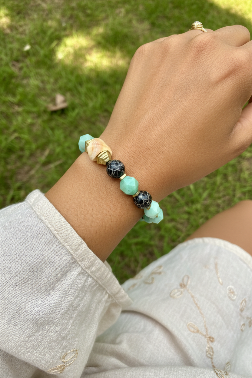 Faceted Amazonite Gemstones and Black Sediment Jasper & Natural Shell Bracelet