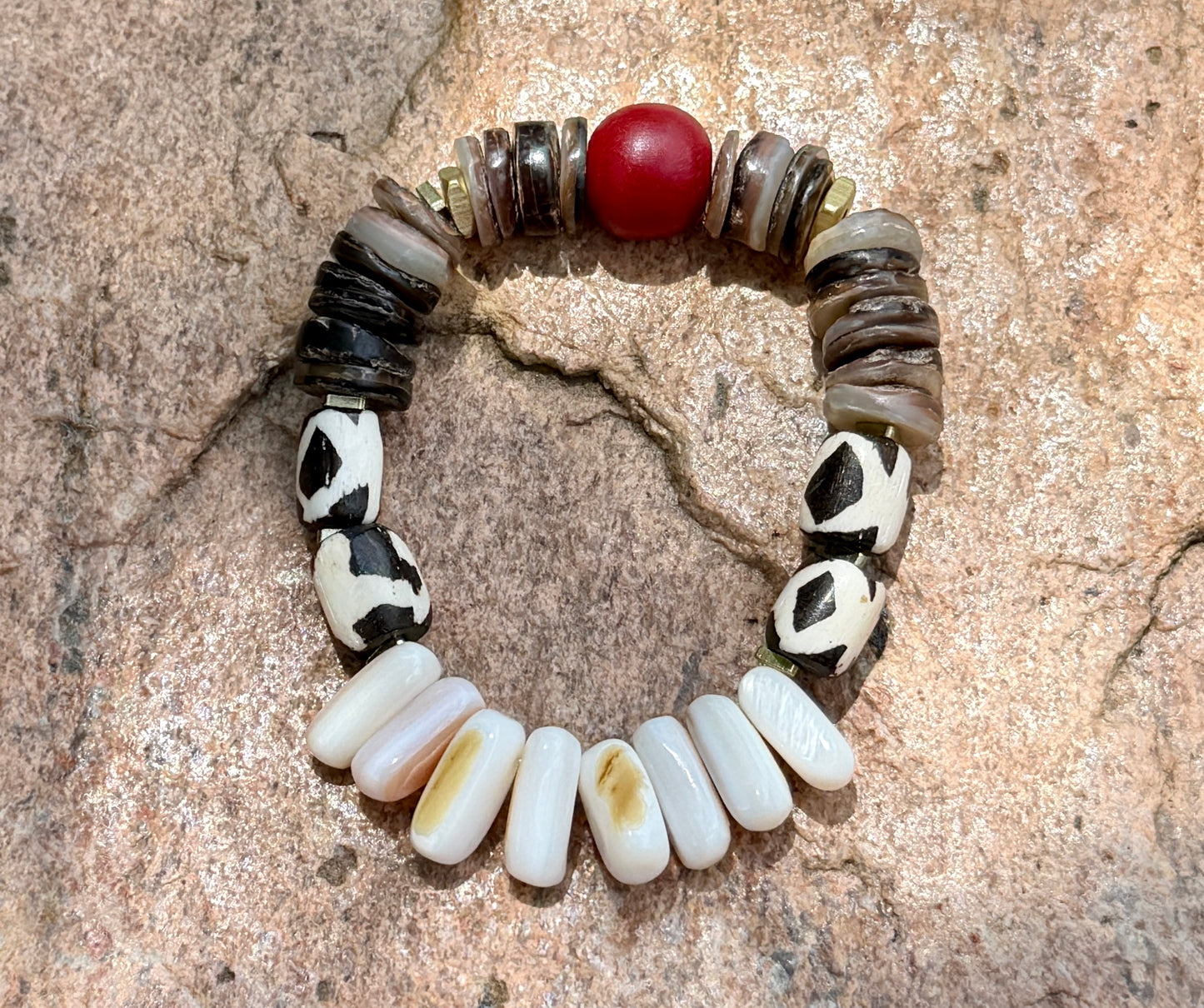 Natural Mussel Shell Bracelet – Batik Bone, Mottled Shell Heishi – Coastal Boho Stretch Jewelry