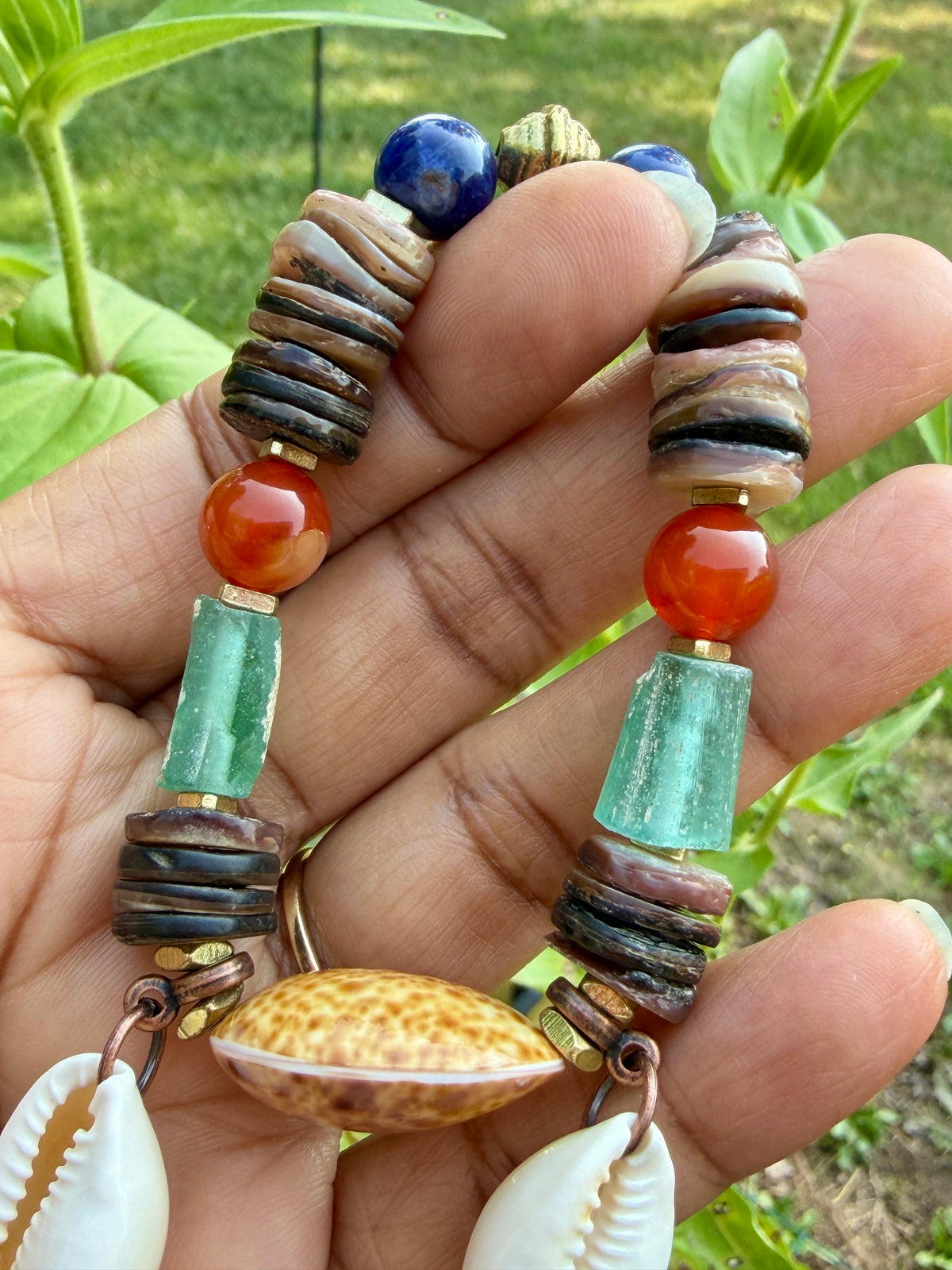 Roman Glass Bracelet • Natural Shell, Gold Triangle Accents, Coastal Jewelry (Copy)