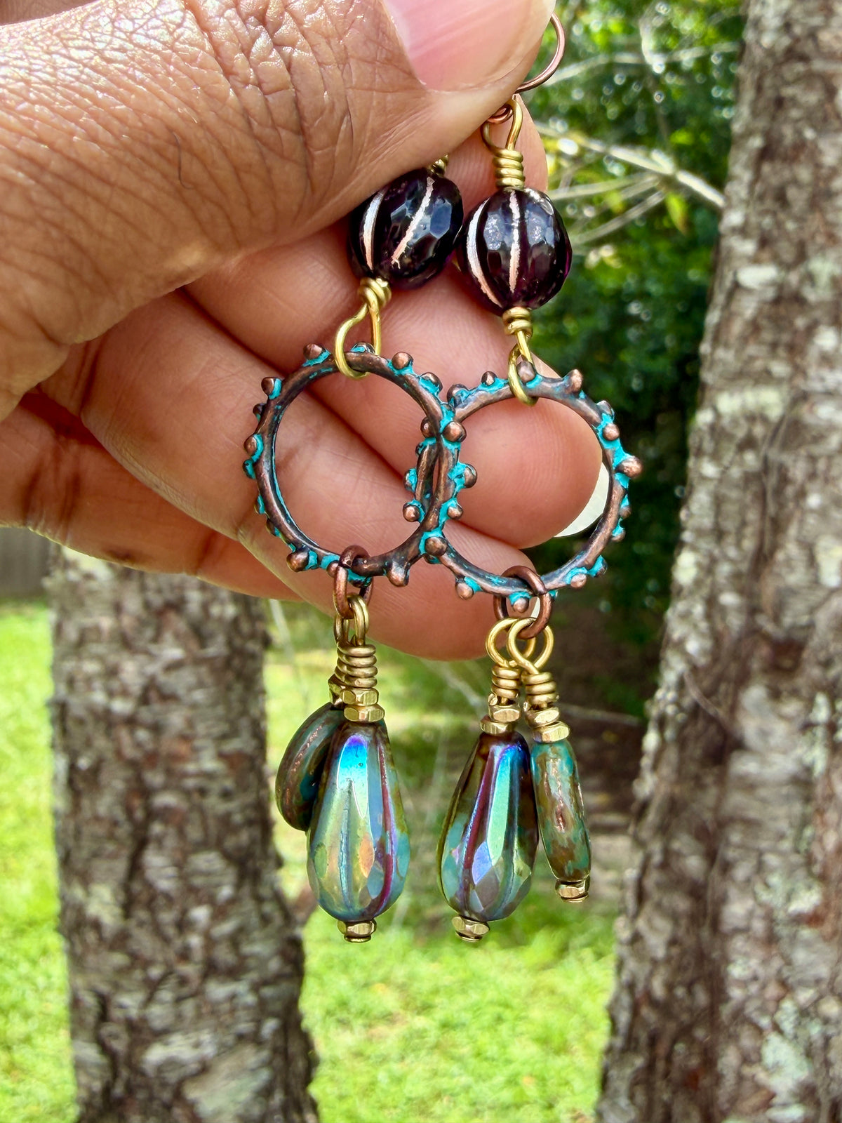 Picasso Czech Glass Faceted Melon Drop Earrings