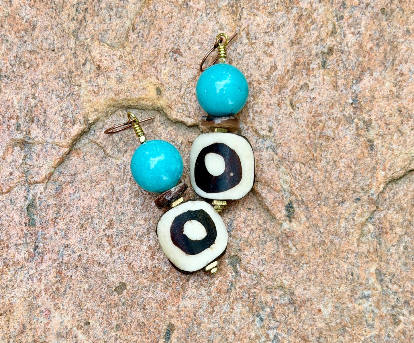 Batik Bone & Turquoise Magnesite Earrings with Mottled Brown Natural Heishi Shell Beads• Beachy Summer Boho Jewelry