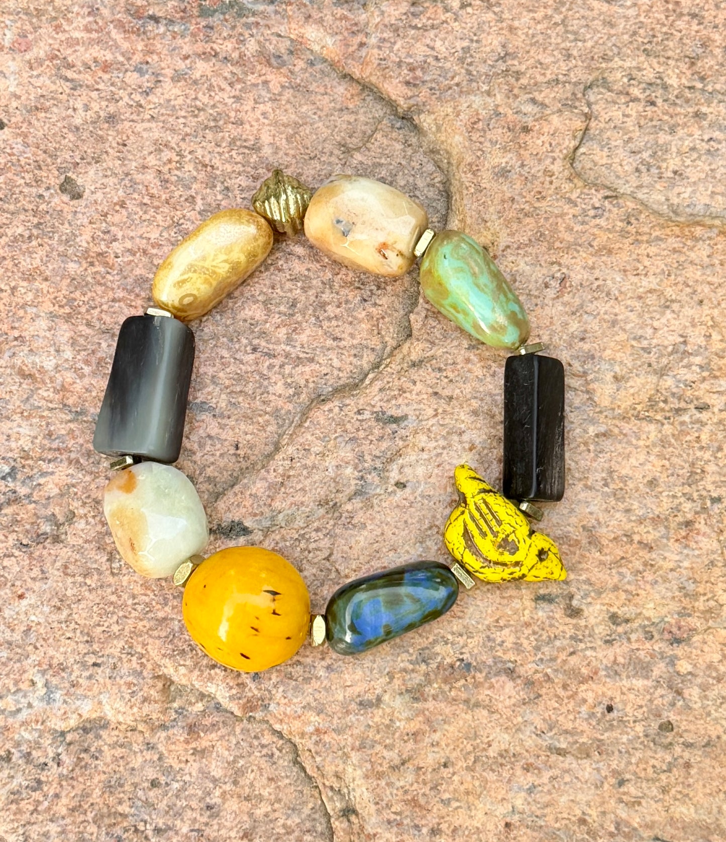 Boho Mixed Media Stretch Bracelet with Yellow Chirp