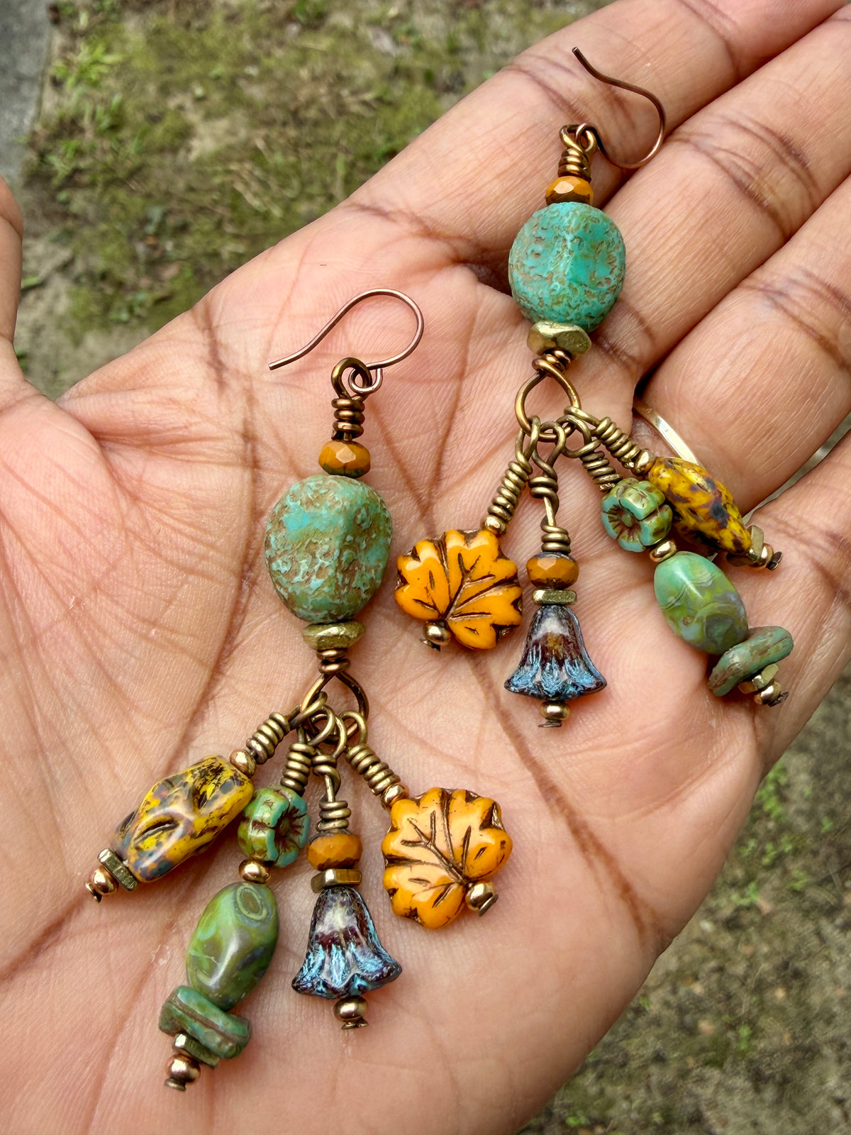 Golden Maple Leaf Earrings • Turquoise Autumn Dangles