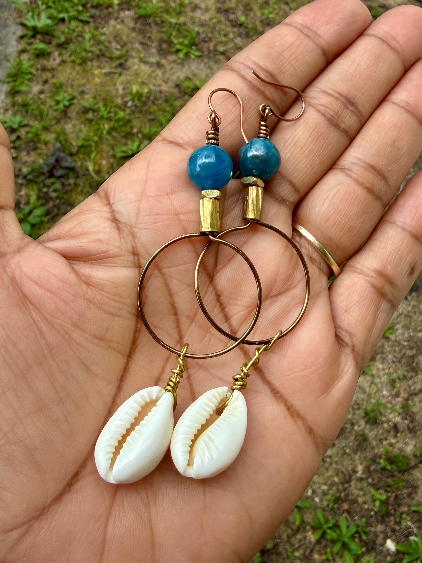 Bold Apatite Hoop Earrings • Cowrie Shell Charms • Fun Unique Beach Jewelry