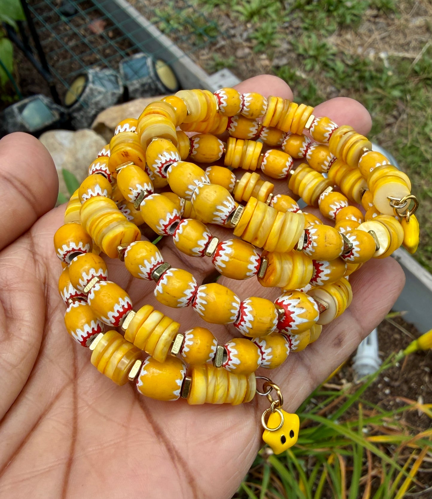 Sunshine Yellow Chevron & Shell Heishi Memory Wire Bangle – Bright, Happy, Sunflower Vibes